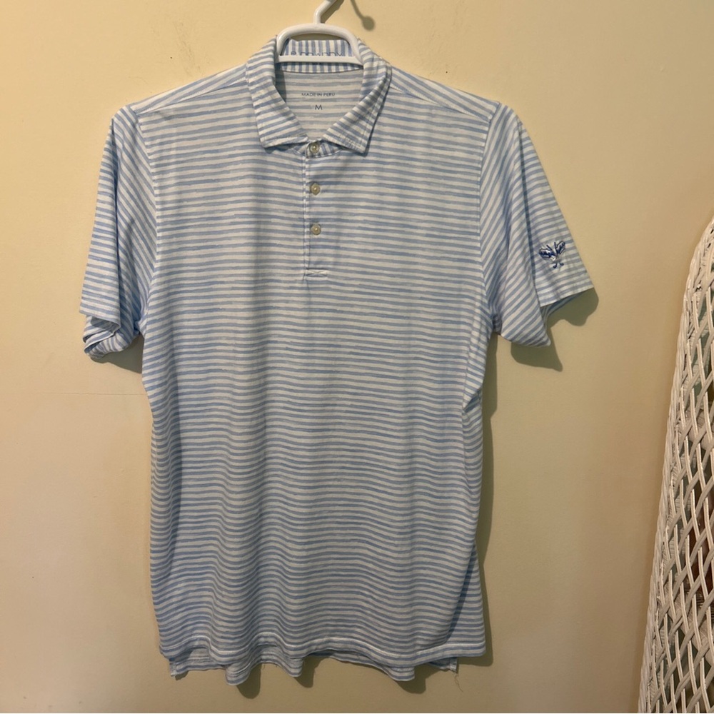 B Draddy Polo Shirt Men’s Medium Blue Striped Pima Cotton Short Sleeve Logo Golf